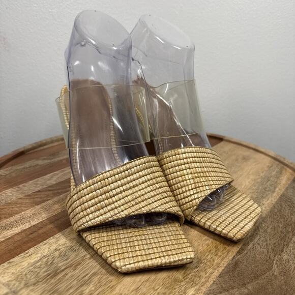 Mercedes Castillo Chunky Unique Heel Woven Raffia PVC Strap Slip In Shoes Size 8 - Picture 1 of 16